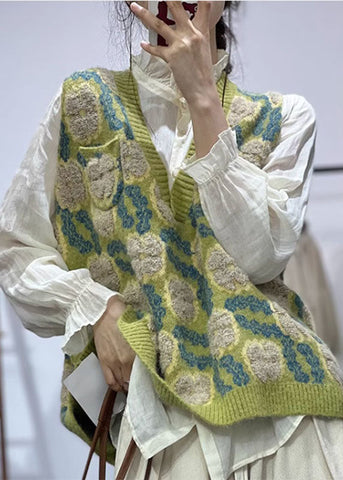 Jacquard Grün V-Ausschnitt Gemütliche Baumwollstrickweste Herbst 