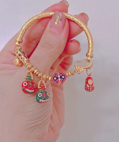Pulsera con dije de esmalte de bestia devoradora de oro antiguo de estilo chino 
