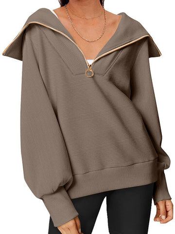 Long Sleeves Loose Solid Color Zipper Lapel Sweatshirt Tops