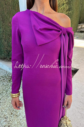 Vanessa Solid Color Long Sleeve Slim Fit Oversized Bow Tie Maxi Dress