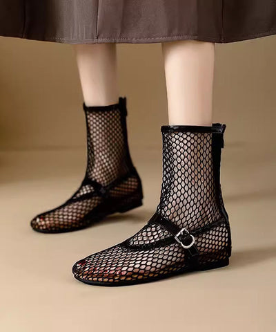 Stilvolle Reißverschluss-Spleißstiefel Schwarz Hollow Out Breathable Mesh 