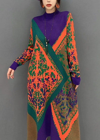 Vestido de invierno de punto con cuello alto y estampado oversize para mujer 