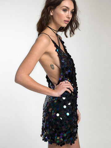 Colorful Sequin Mini Dress V-Neck Open Back Sexy Birthday Party Dresses