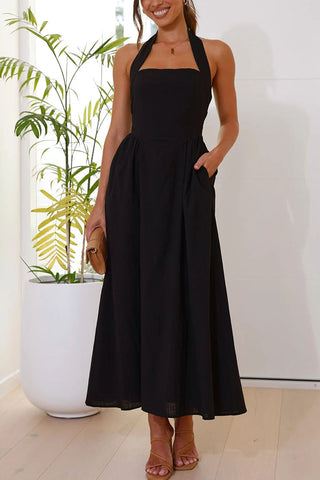 Brunch in Bali – Neckholder-Maxikleid aus Leinenmischung mit Taschen 