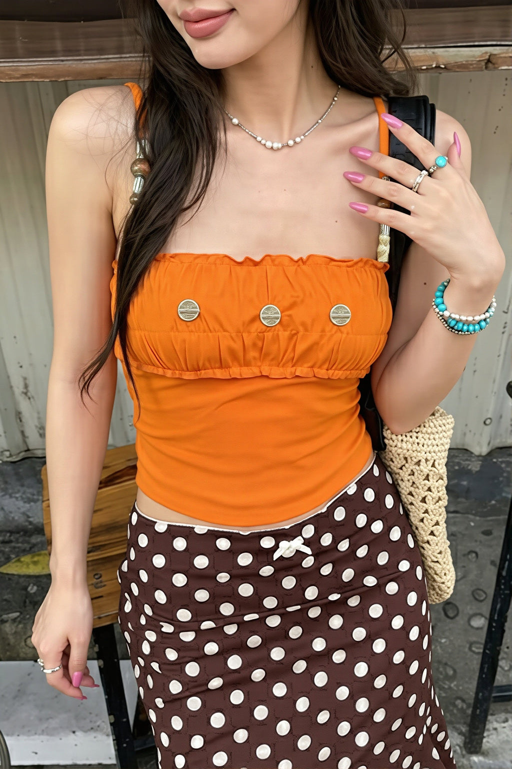 Colorful Beaded Off Shoulder Ruffle Smocked Cami Top