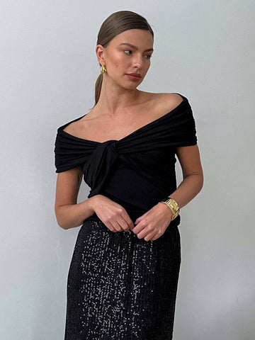 Tossy Strapless Cross Folds T-Shirt For Women Short Sleeve Solid Color Slim Fit Slash Neck Female Fashion Pullover Short Tops
