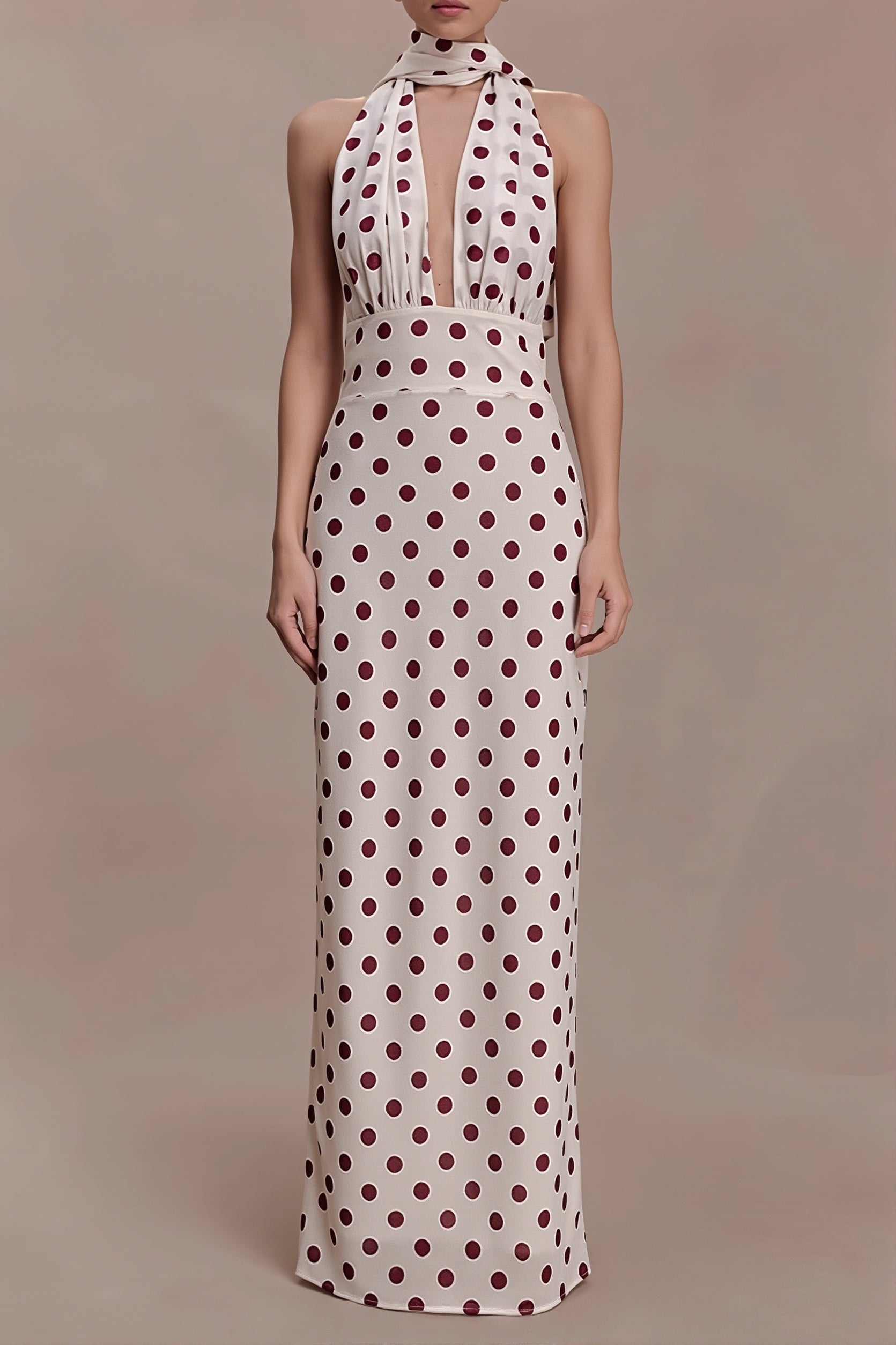 Polka Dot Deep V Tie Bodycon Maxi Dress
