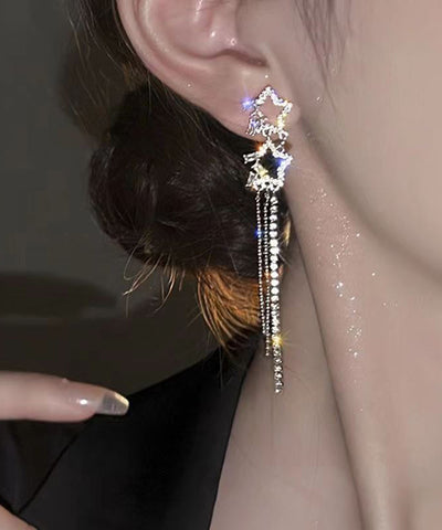Classy White Sterling Silver Alloy Five Pointed Star Zircon Tassel Drop Earrings