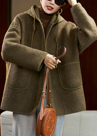 Lose Grüne Kapuzentaschen Patchwork Teddy Kunstpelz Mäntel Frühling 