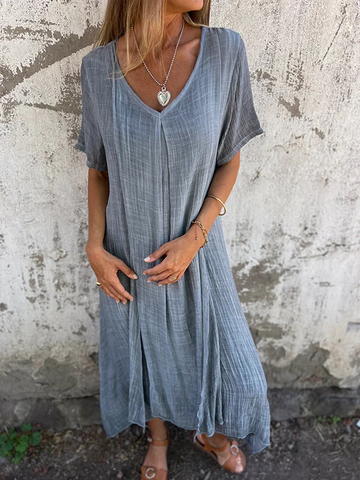 Vestido midi de algodón y lino con cuello en V 