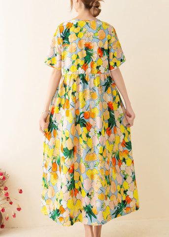 Túnicas italianas con estampado amarillo, cuello redondo, patchwork, vestidos de verano holgados 