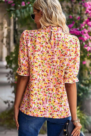 boho floral ruffle mock neck blouse yellow