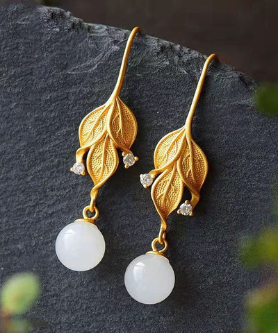 Damen Gold Sterling Silber Overgilt Zirkon Jade Blatt Tropfen Ohrringe 