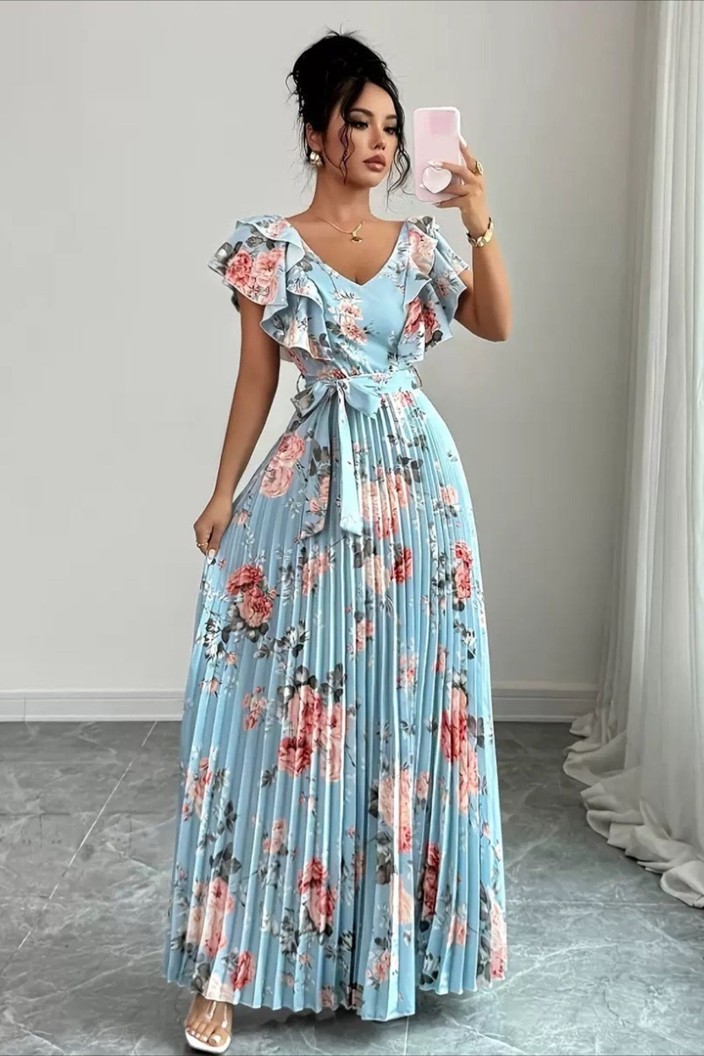 Floral Print Ruffle Sleeve V Neck Pleated Elegant Maxi Dress