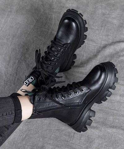 Fashion Splicing Plateaustiefel Schwarz Rindsleder Schnürstiefel 
