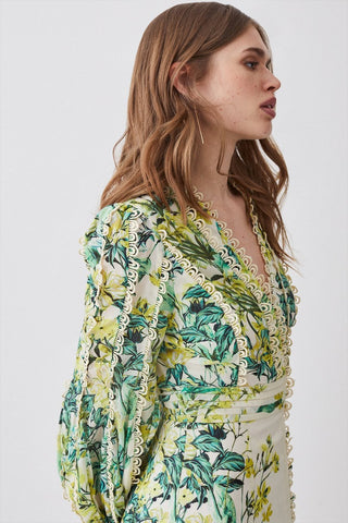 Printed Lantern Sleeve V-Neck Buckle Waist Midi Dress