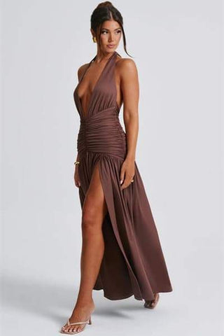 Vestido largo Norma con cuello en V profundo y cuello halter 