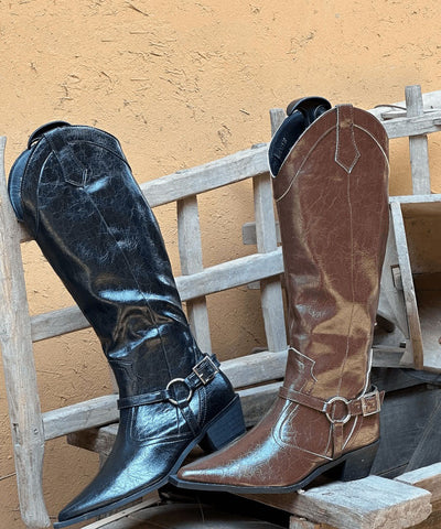 Botas gruesas de empalme de moda con punta puntiaguda de cuero sintético marrón 