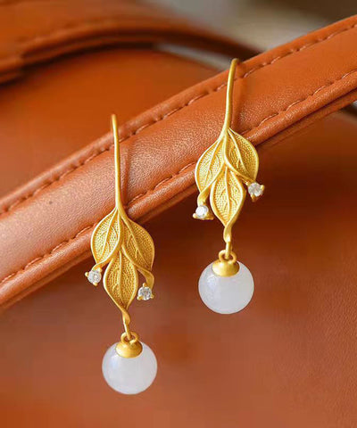 Damen Gold Sterling Silber Overgilt Zirkon Jade Blatt Tropfen Ohrringe 