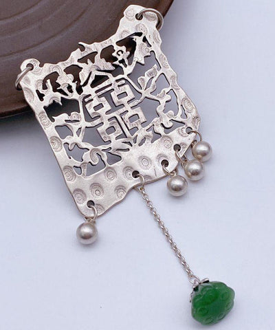 Collar de lazo con borlas de jade y plata de ley de seda vintage 