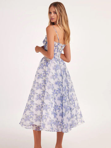 Vestido floral con tirantes finos, espalda descubierta, con cordones, para fiesta de cumpleaños, midi 