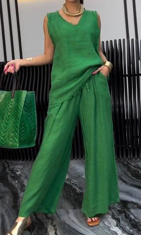 Women's Linen Sleeveless Blouse And Trousers Two-Piece Set