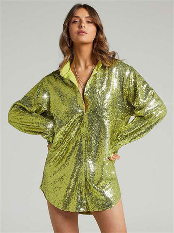 Blusa holgada de lentejuelas con purpurina para mujer, blusa sexy de manga larga, atuendo para club, top de gran tamaño con brillo 