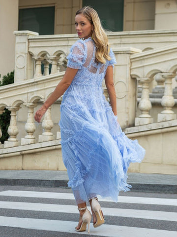Ruffles Dress Illusion Neckline Ruffles Layered Tulle Maxi Dresses