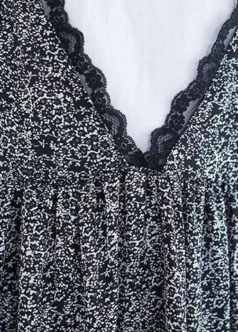 Vestido maxi de verano 100 % negro con cuello en V, de gasa, acolchado, con volantes de encaje 
