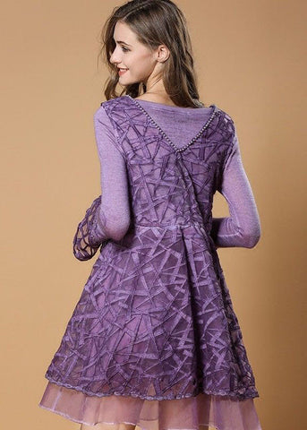 Estilo Morado Lazo Patchwork Tul Estampado Falso Dos Piezas Vestidos de Media Pierna Primavera 