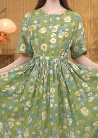Frauen Gras Grün Cinched Floral Print Baumwolle Knöchel Kleid Sommer 