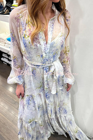 Romantic Provence Lavender Print Button Belt Tiered Shirt Maxi Dress