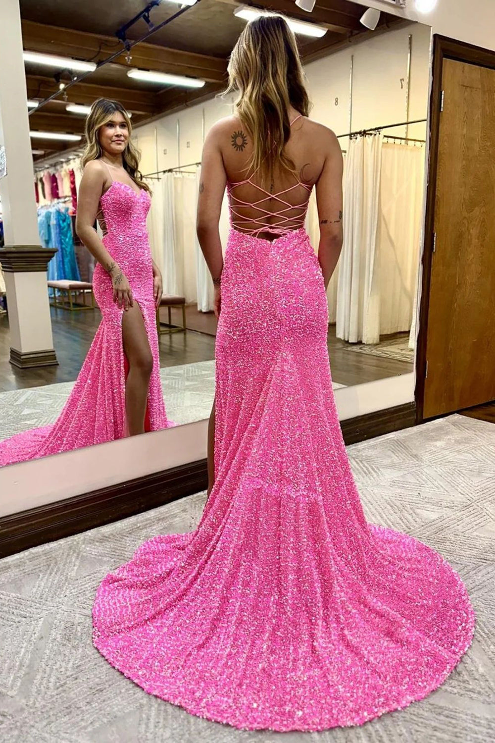 Mermaid Halter Purple Sequins Long Prom Dress with Criss Cross Back