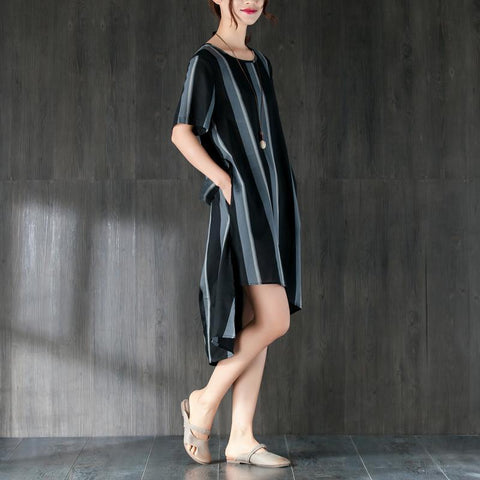 Short Sleeves Stripe Women Dress with Ribbon