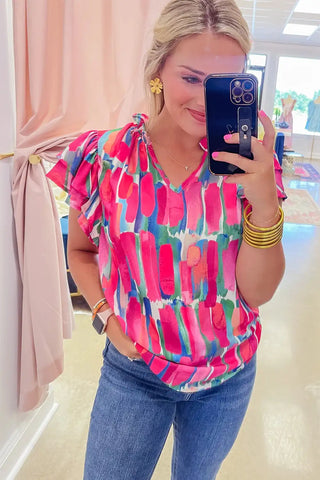 abstract rose ruffle sleeve v neck blouse