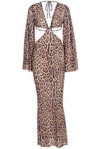 Hollow Out Leopard Flare Slit Maxi Dress