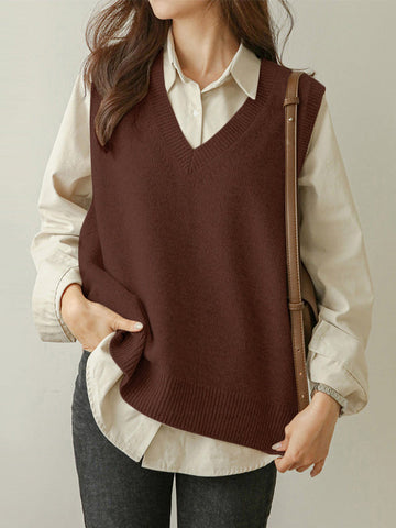 Suéter informal holgado sin mangas de color liso con cuello en V 