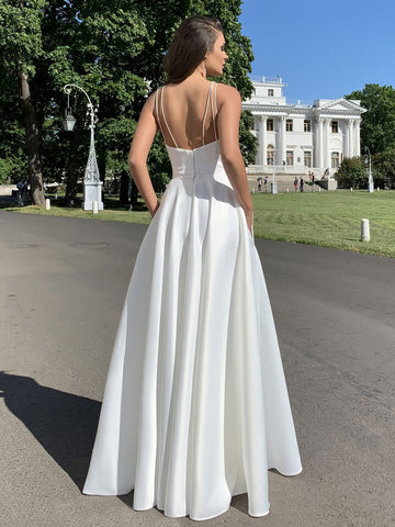 Maxikleider Träger Hals Ärmellos Weiß Hoch Geschlitzt Bodenlang Kleid 