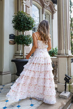 Sexy Lace Trim Print Tiered Ruffle Hem Cami Maxi Dress