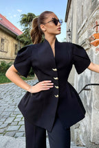 Petal Sleeve Ruffle Hem Fitted Blouse