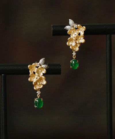 Vintage Grüne Kupfer Zirkon Jade Floral Tasselud Ohrringe 