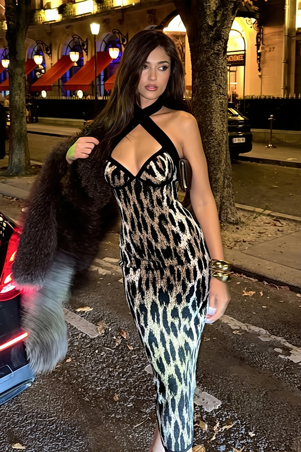 Leopard Print Split Halter Slim Maxi Dress