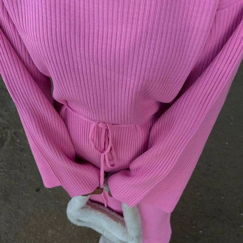 Vestido tipo suéter de manga larga, cintura alta, con cordones, para otoño e invierno, color liso, informal, tejido básico, largo 