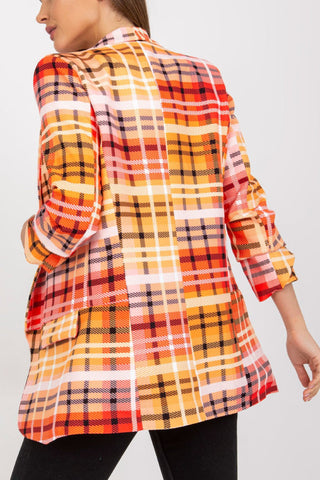 Lässiger Blazer für Damen, Farbe kariert, langärmelig, vorne offen, für die Arbeit im Büro, Anzugjacke mit Tasche 