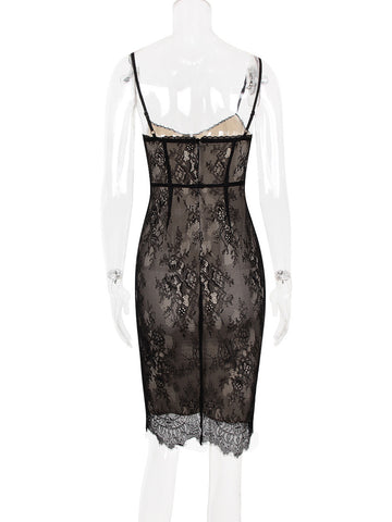 Vestido ajustado con encaje, tirantes finos, espalda descubierta, sexy, midi 