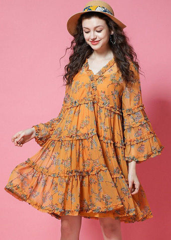 Vestidos de fiesta de gasa con estampado amarillo y mangas farol con volantes 