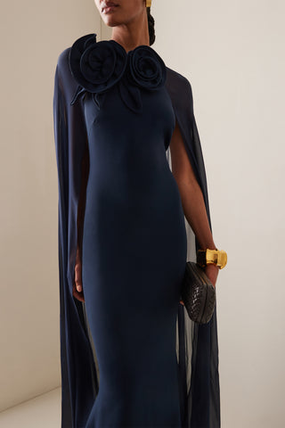 3D Flower Chiffon Cape Maxi Dress