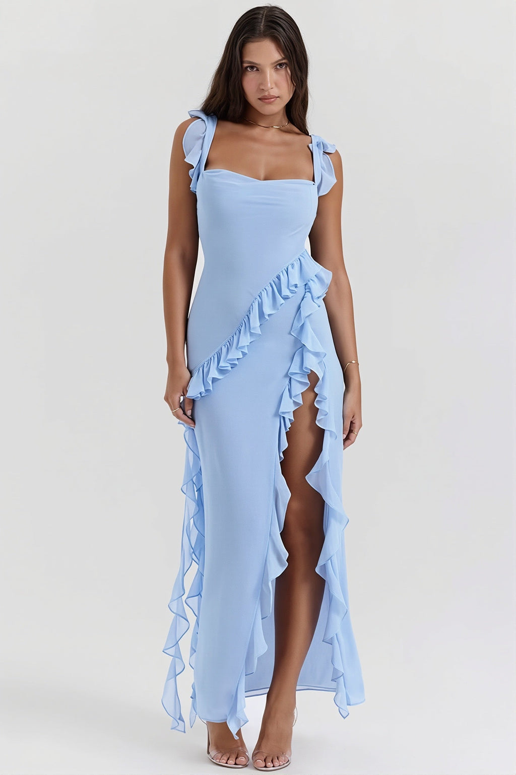 Ribbon Ruffle Splice Slit Maxi Dress