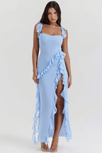 Ribbon Ruffle Splice Slit Maxi Dress