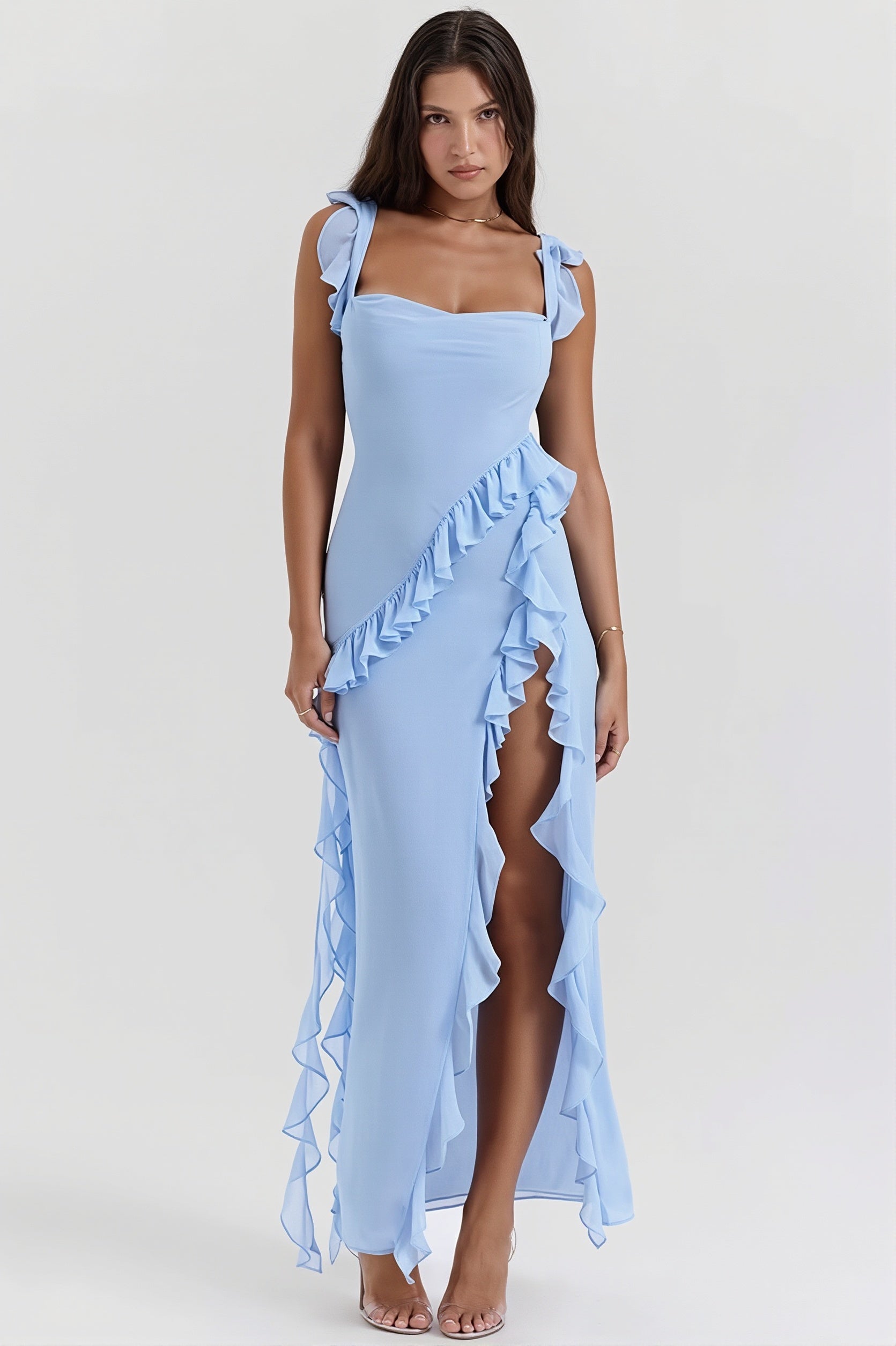 Ribbon Ruffle Splice Slit Maxi Dress